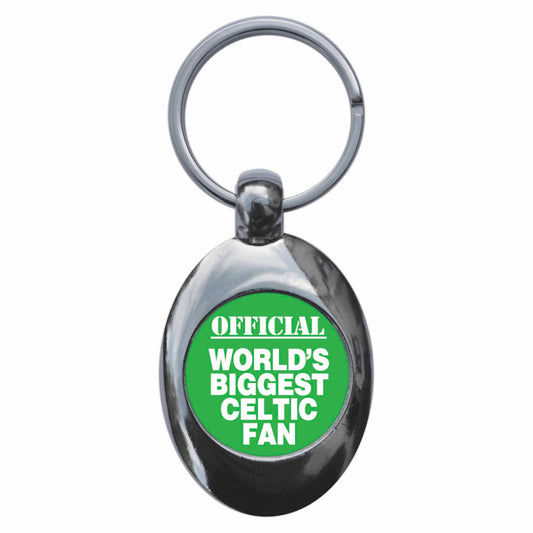 A picture of the front of the product, titled World's Biggest Celtic Fan Metal Keyring With Trolley Coin