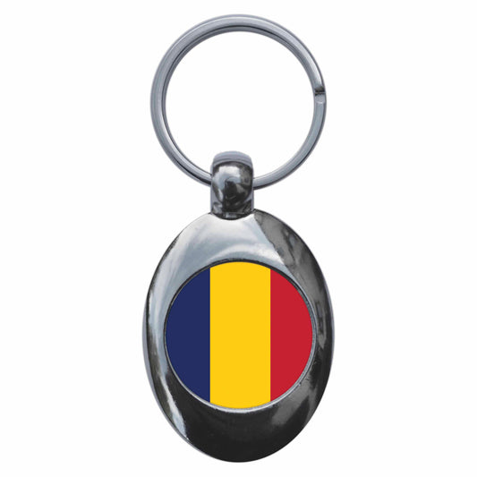 A picture of the front of the product, titled Chad Chadian National Flag Metal Keyring With Trolley Coin