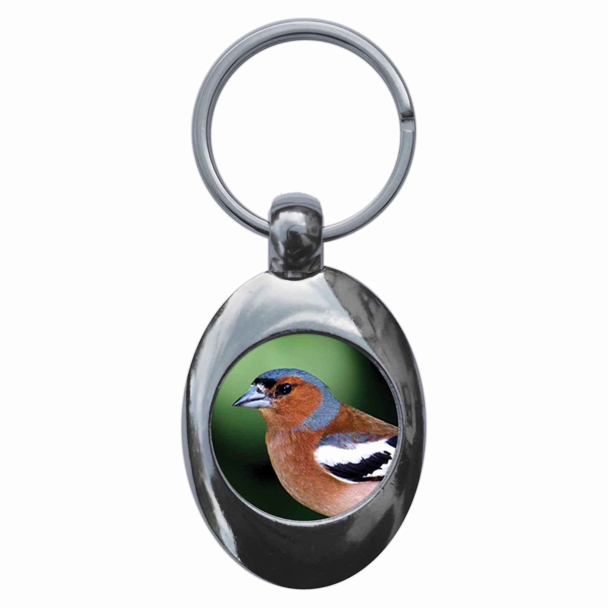 A picture of the front of the product, titled Chaffinch Metal Keyring With Trolley Coin