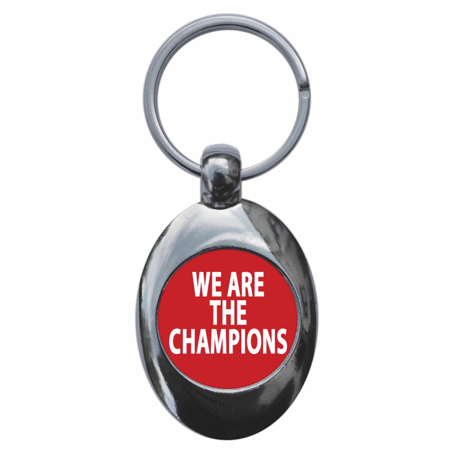 A picture of the front of the product, titled We Are The Champions Metal Keyring With Trolley Coin