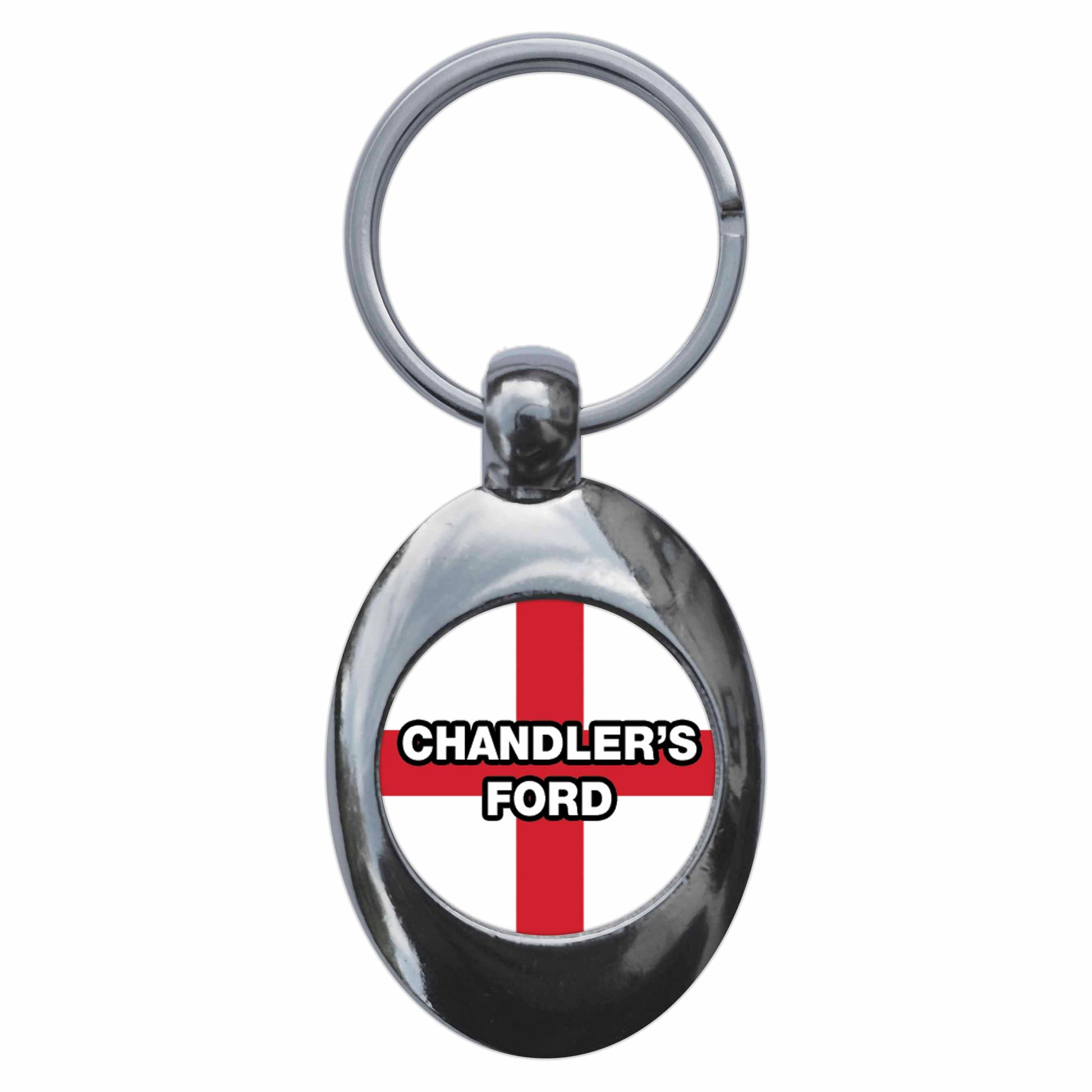 A picture of the front of the product, titled Chandler's Ford England Flag Metal Keyring With Trolley Coin