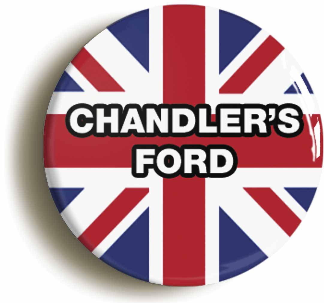A picture of the front of the product, titled Chandler's Ford Union Jack Button Pin Badge