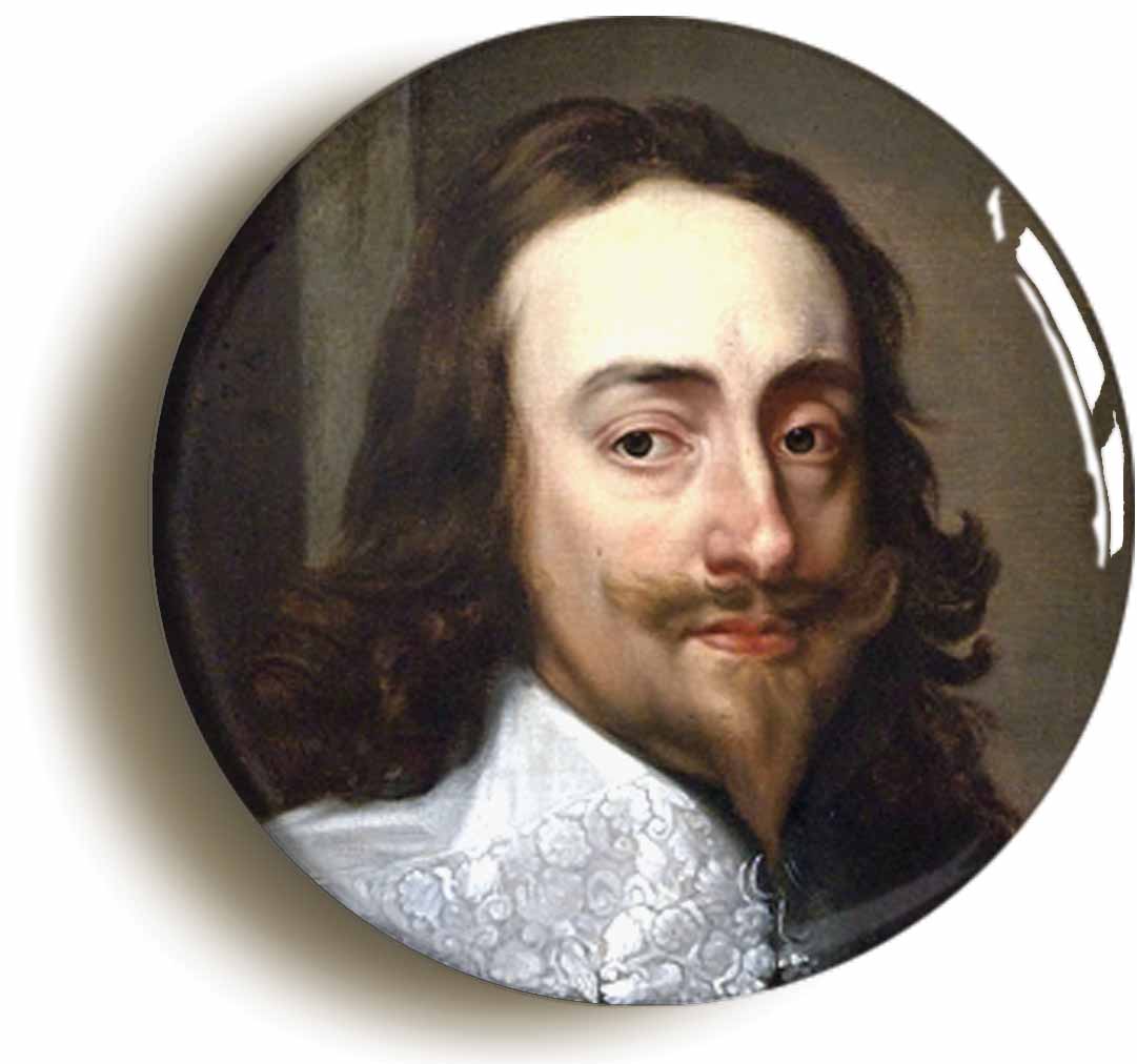 A picture of the front of the product, titled King Charles I Portrait Button Pin Badge