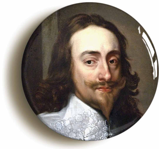 A picture of the front of the product, titled King Charles I Portrait Button Pin Badge