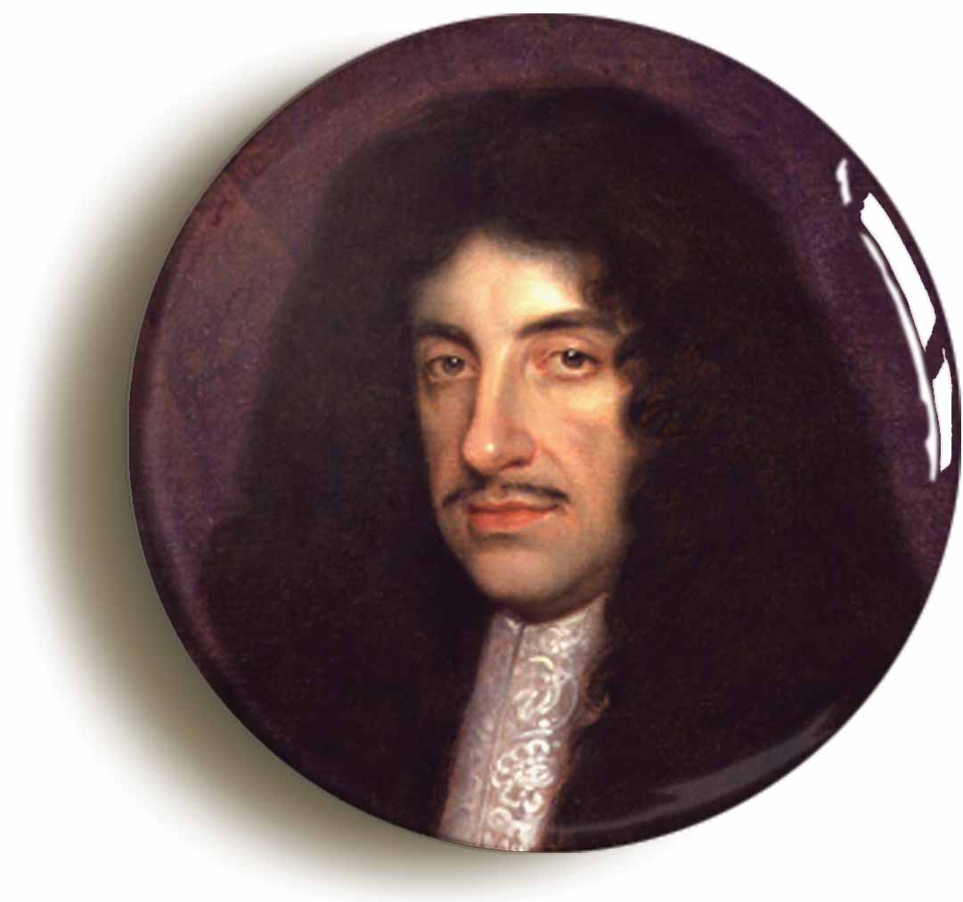 A picture of the front of the product, titled King Charles II Portrait Button Pin Badge