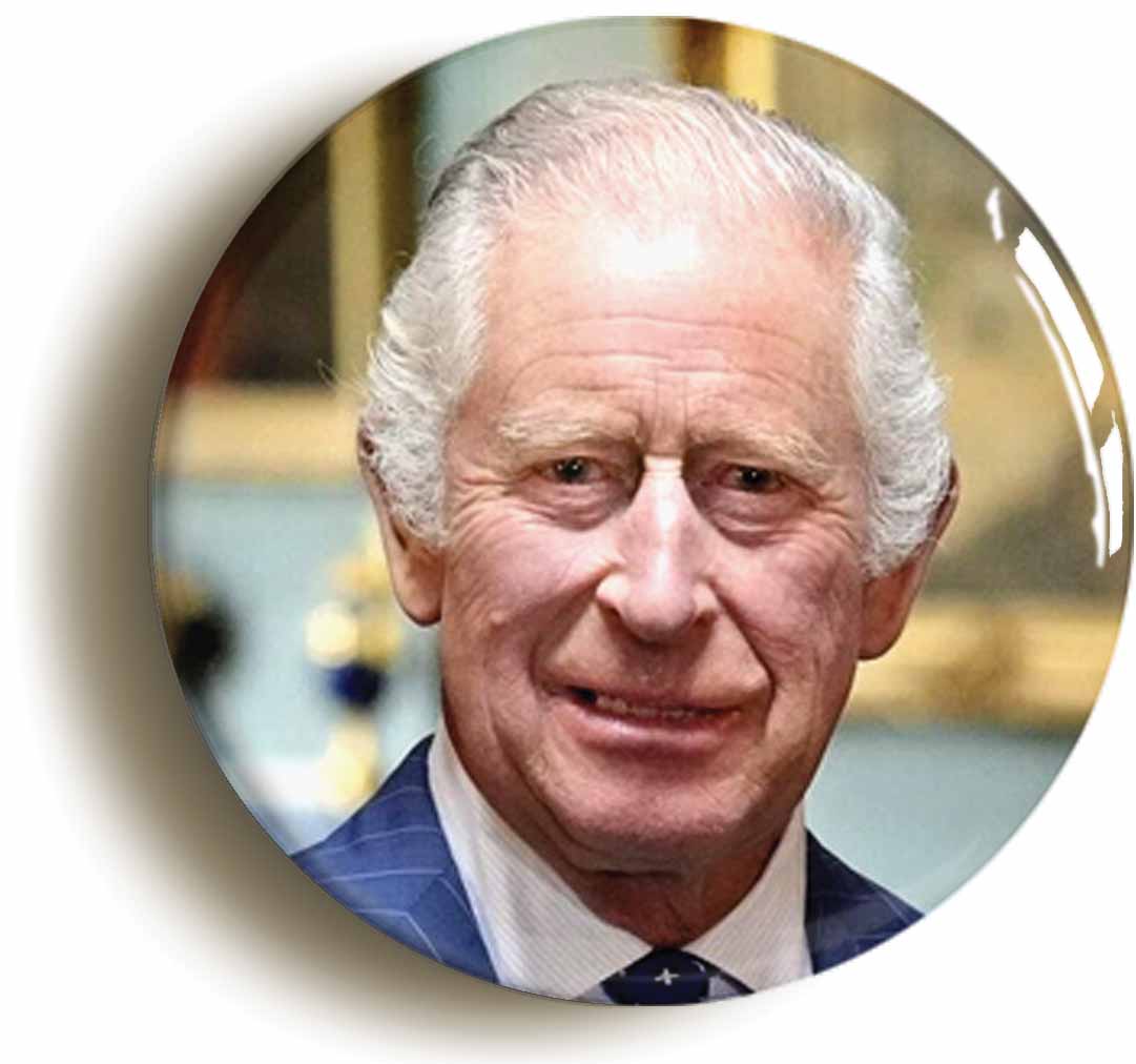 A picture of the front of the product, titled King Charles III Portrait Button Pin Badge