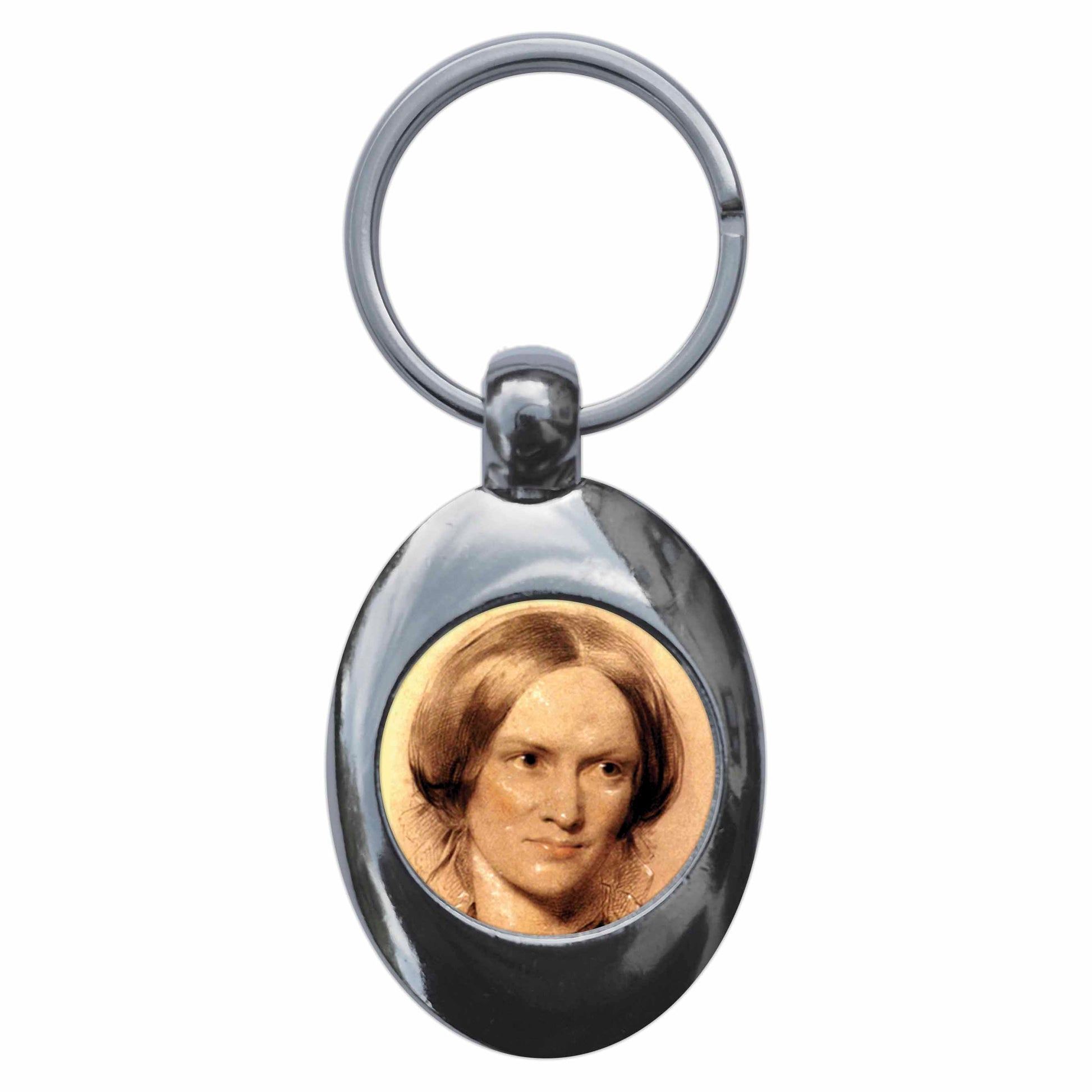 A picture of the front of the product, titled Charlotte Bronte Metal Keyring With Trolley Coin