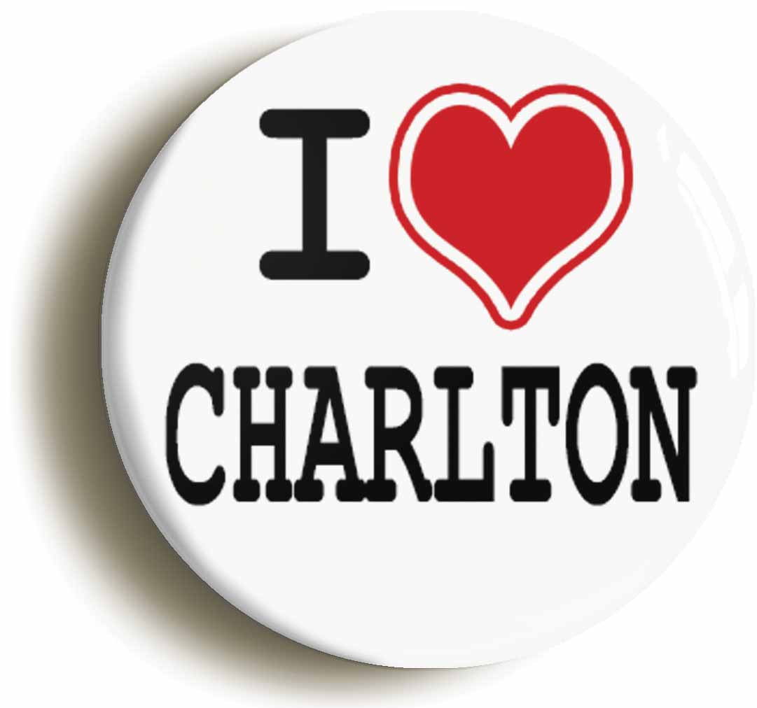 A picture of the front of the product, titled I Heart Love Charlton Button Pin Badge