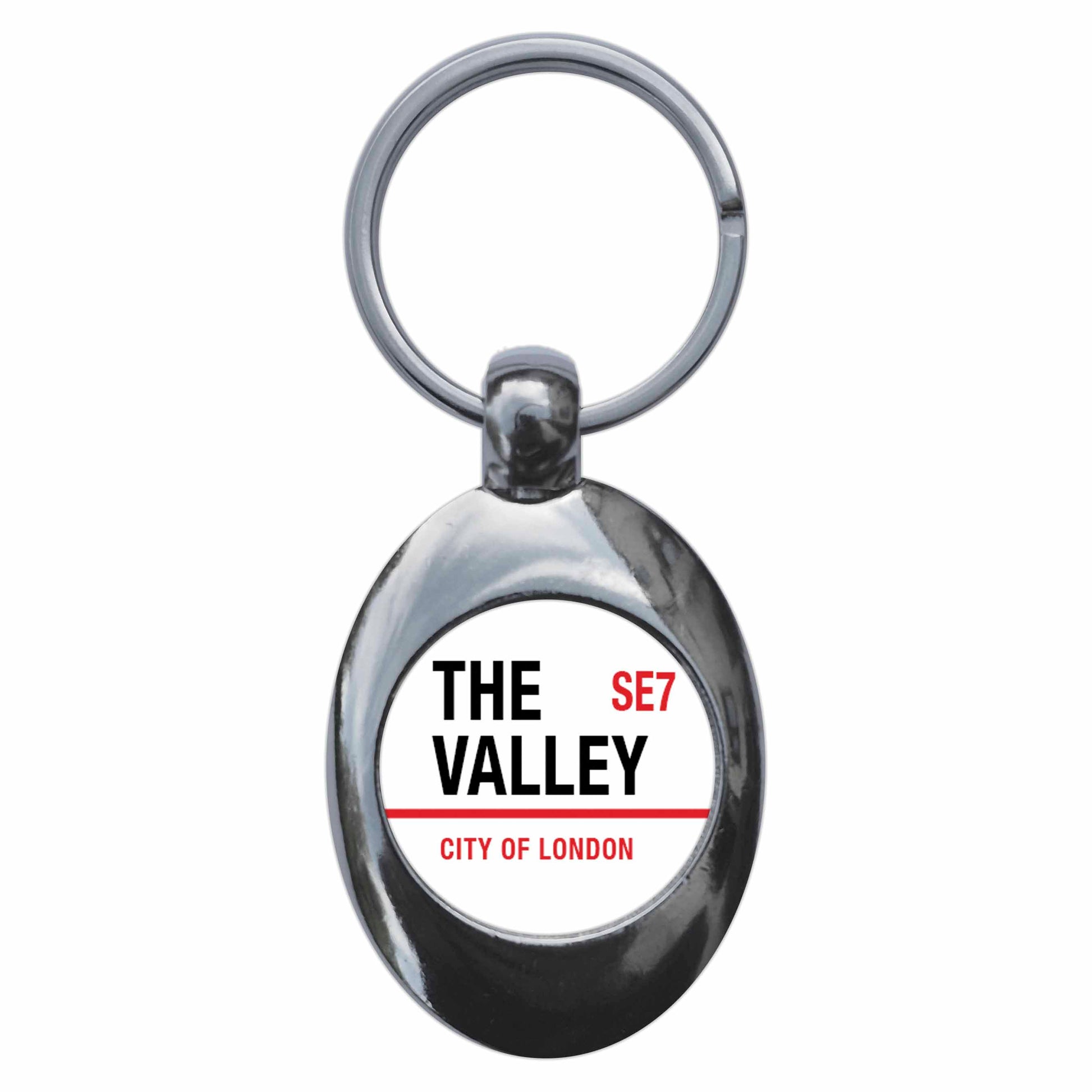 A picture of the front of the product, titled The Valley Charlton London SE7 Road Sign Metal Keyring With Trolley Coin