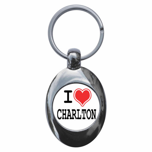 A picture of the front of the product, titled I Heart Love Charlton Metal Keyring With Trolley Coin