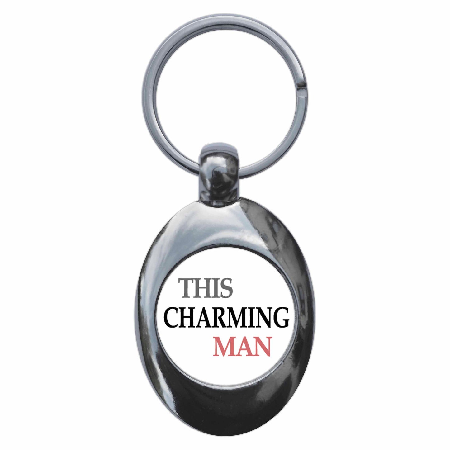 A picture of the front of the product, titled This Charming Man Metal Keyring With Trolley Coin