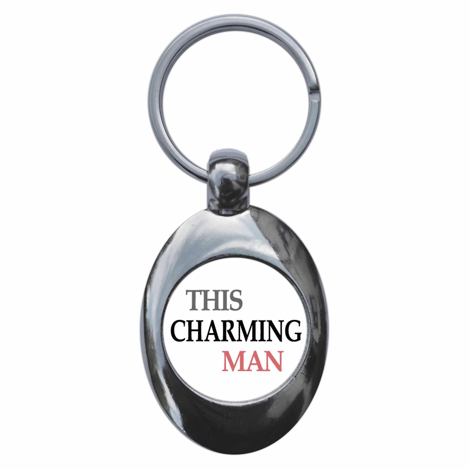A picture of the front of the product, titled This Charming Man Metal Keyring With Trolley Coin