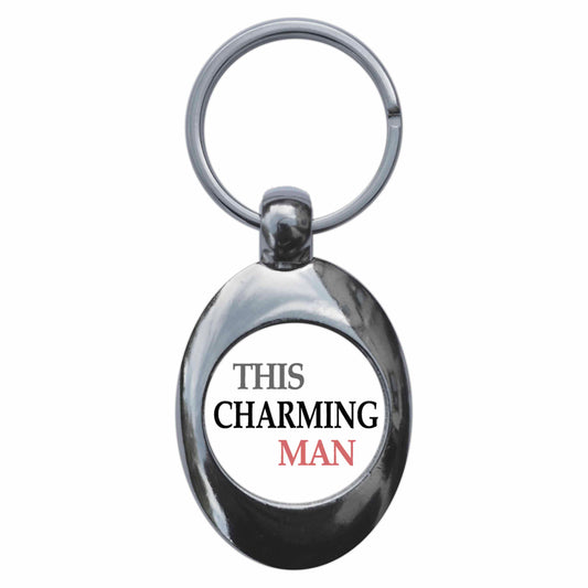 A picture of the front of the product, titled This Charming Man Metal Keyring With Trolley Coin