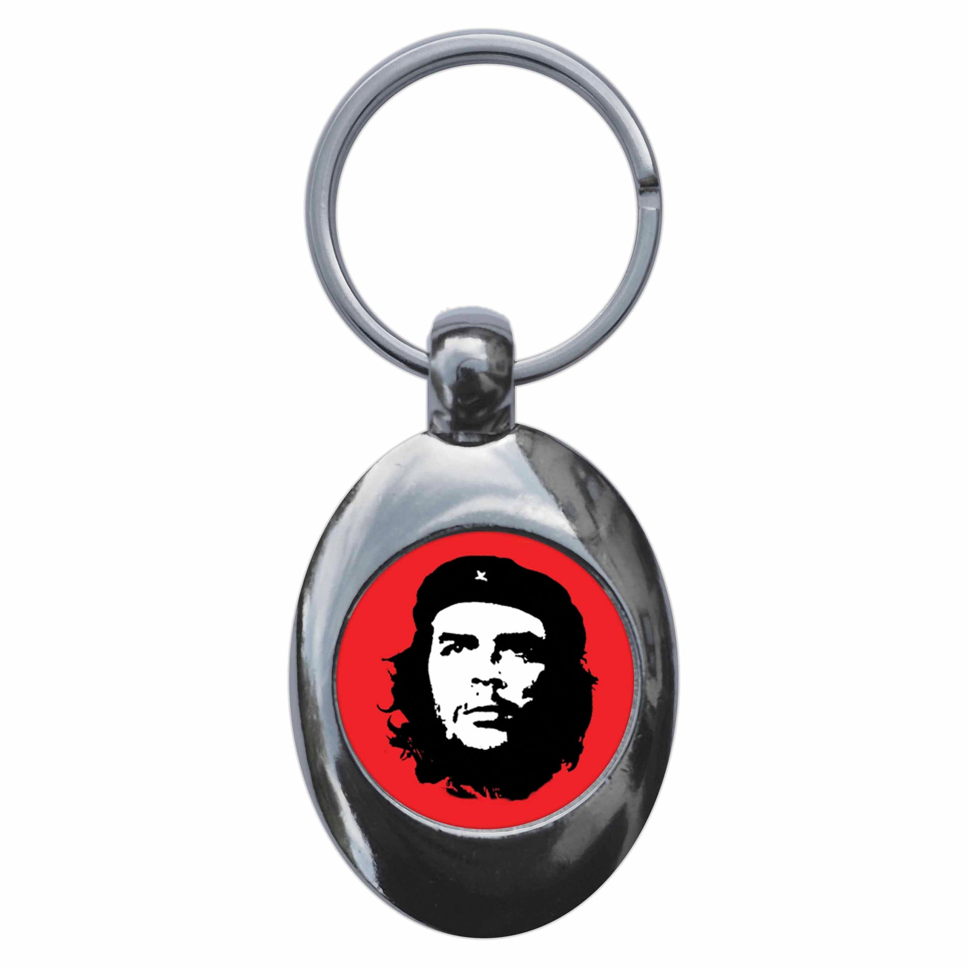 A picture of the front of the product, titled Che Guevara Left Revolutionary Metal Keyring With Trolley Coin