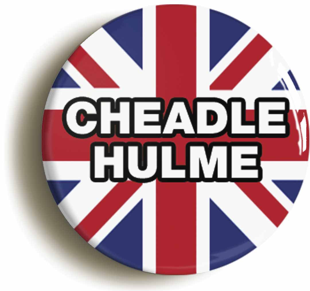 A picture of the front of the product, titled Cheadle Hulme Union Jack Button Pin Badge