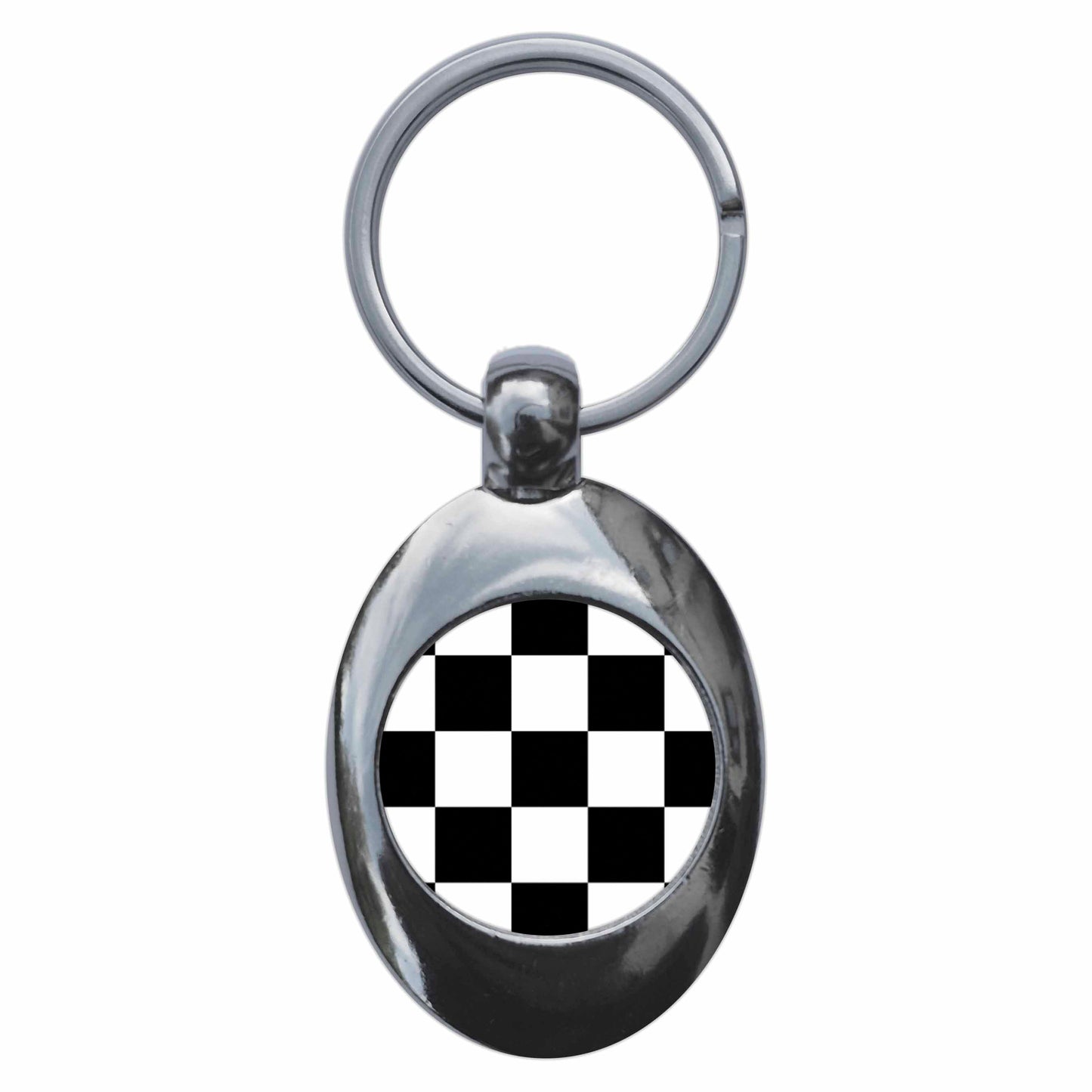 A picture of the front of the product, titled Mod Check Pattern Metal Keyring With Trolley Coin