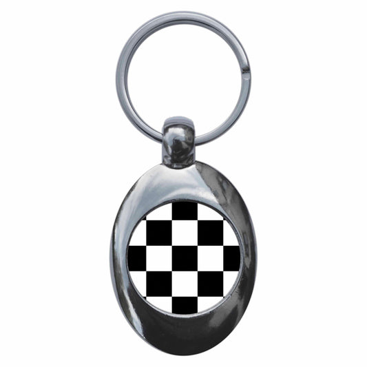 A picture of the front of the product, titled Mod Check Pattern Metal Keyring With Trolley Coin
