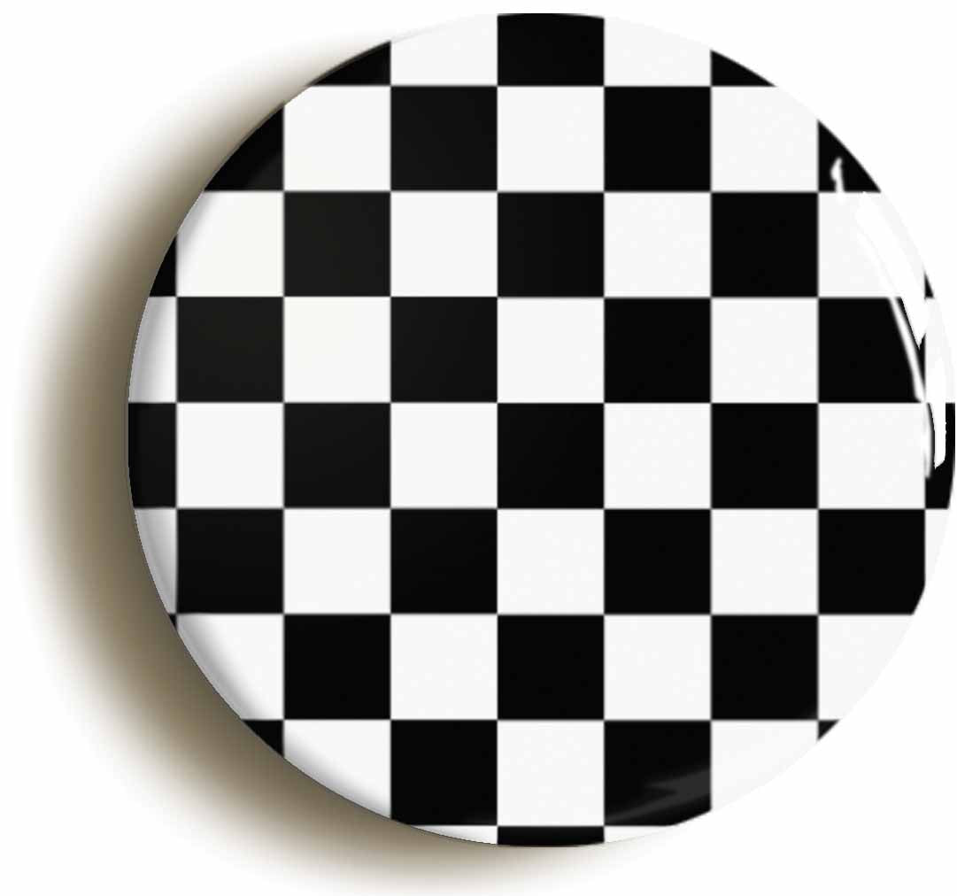 A picture of the front of the product, titled Ska Check 2 Two Tone Button Pin Badge