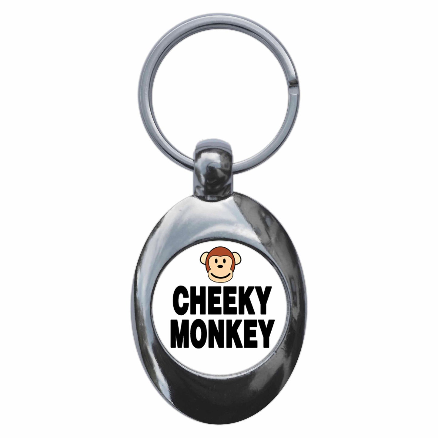 A picture of the front of the product, titled Cheeky Monkey Funny Metal Keyring With Trolley Coin