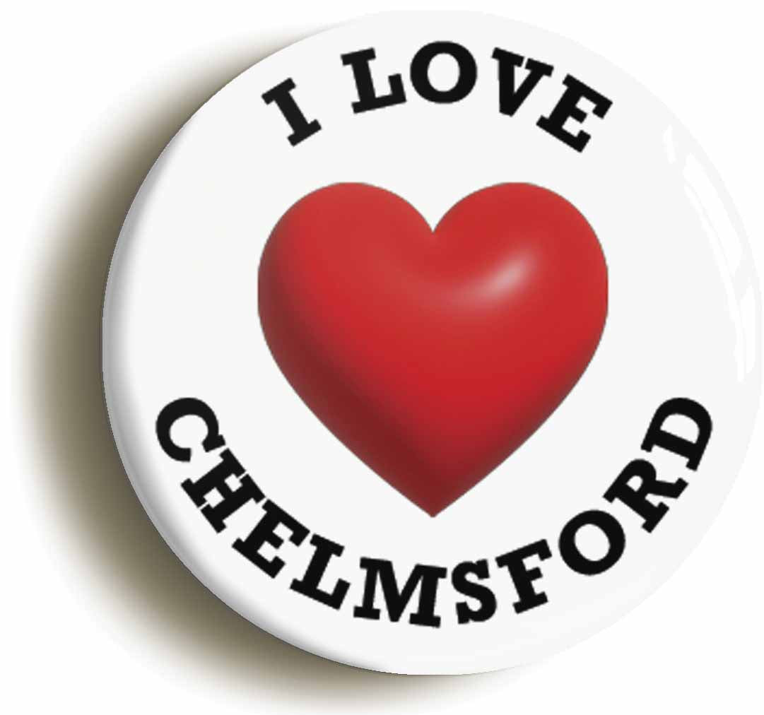 A picture of the front of the product, titled I Heart Love Chelmsford Location Button Pin Badge