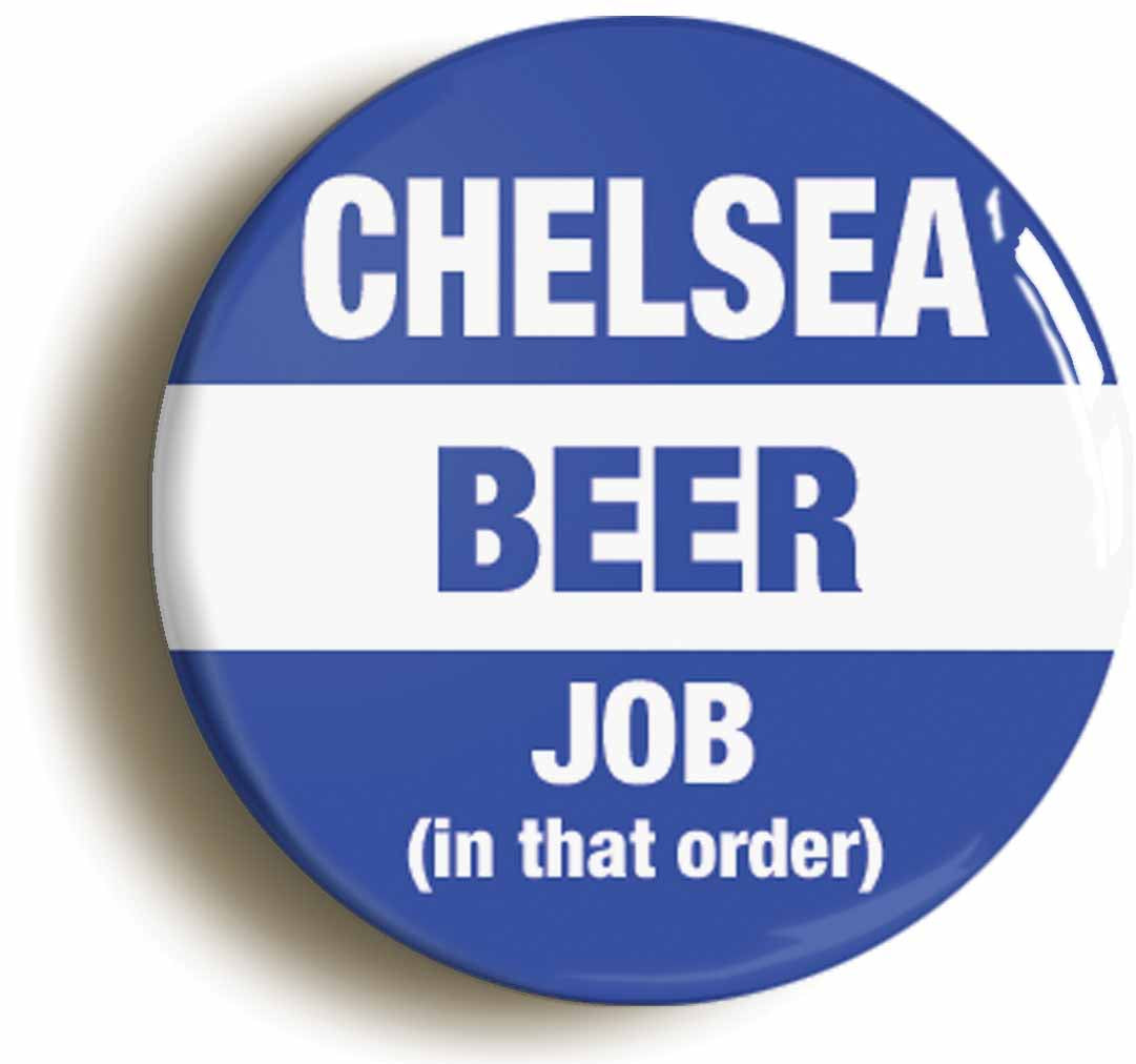 A picture of the front of the product, titled Blues Beer Job In That Order Funny Circular 50mm Fridge Magnet