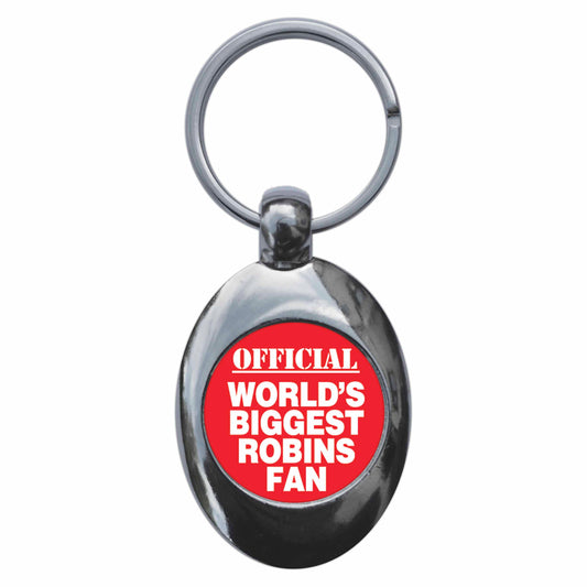 A picture of the front of the product, titled World's Biggest Cheltenham Fan Metal Keyring With Trolley Coin