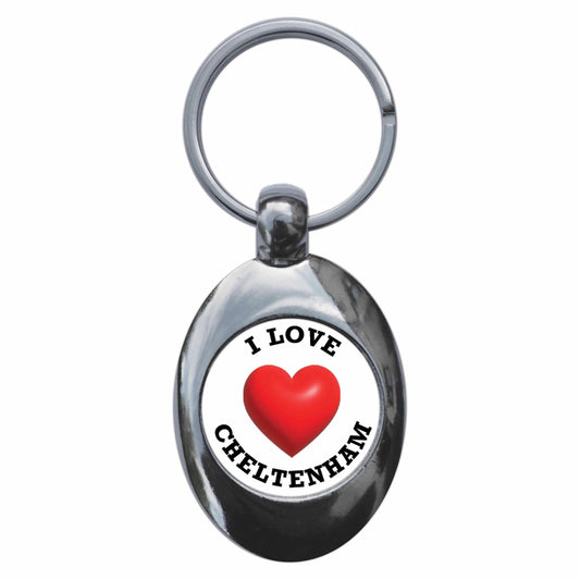 A picture of the front of the product, titled I Heart Love Cheltenham Metal Keyring With Trolley Coin