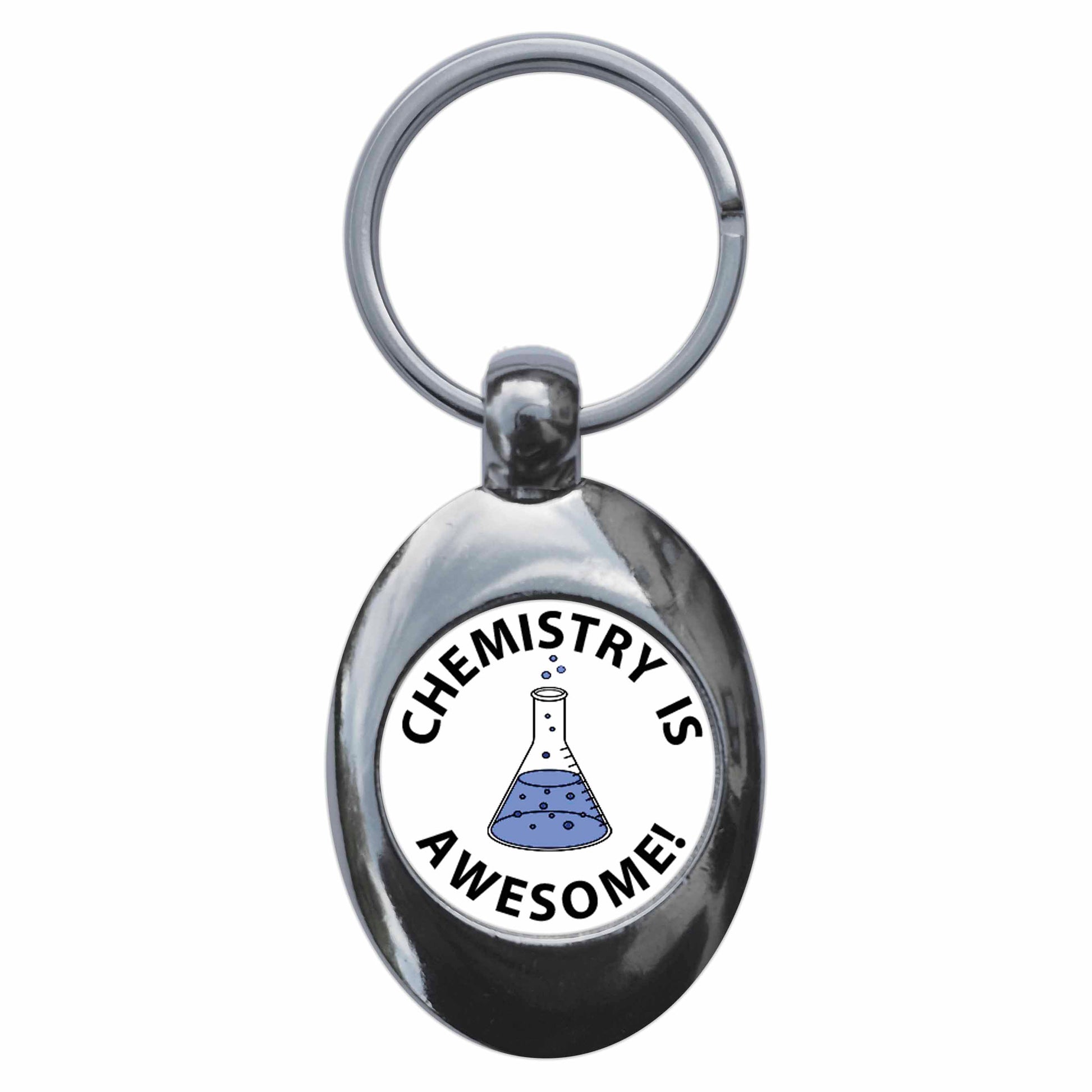 A picture of the front of the product, titled Chemistry Is Awesome Metal Keyring With Trolley Coin