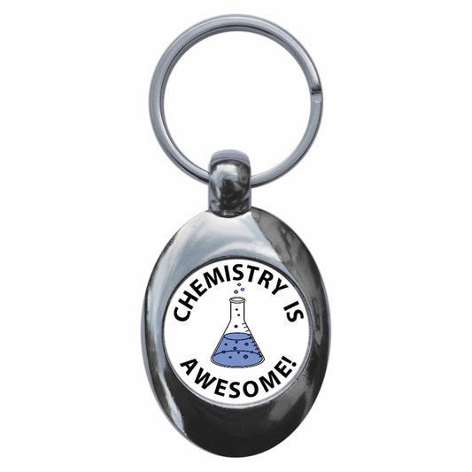 A picture of the front of the product, titled Chemistry Is Awesome Metal Keyring With Trolley Coin