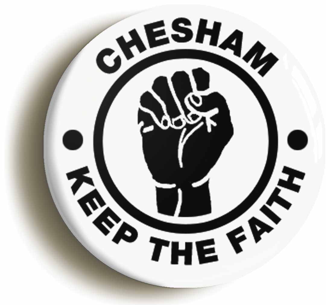 A picture of the front of the product, titled Chesham Keep The Faith Circular 50mm Fridge Magnet