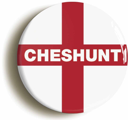 A picture of the front of the product, titled Cheshunt England Flag Button Pin Badge