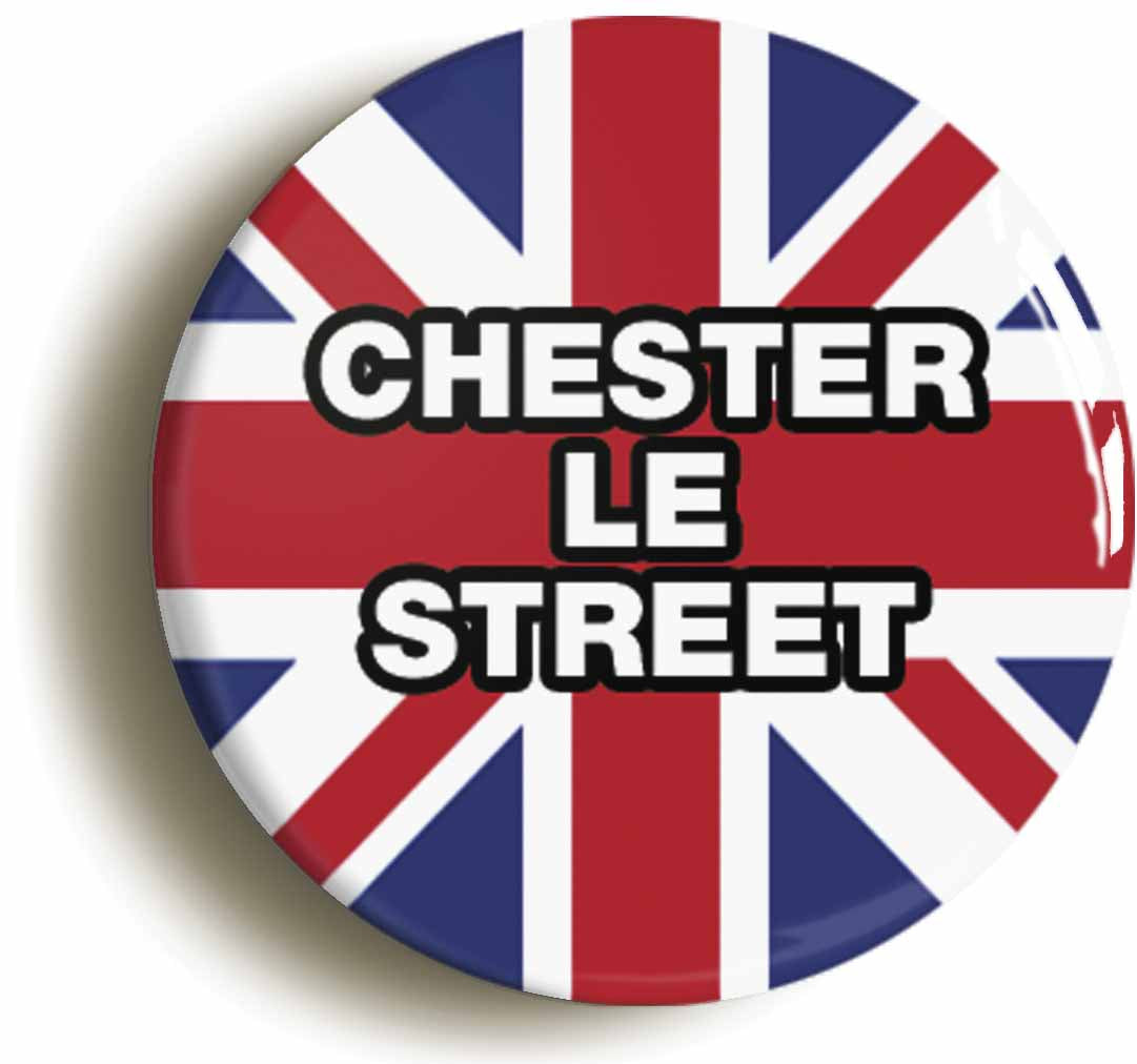A picture of the front of the product, titled Chester-Le-Street Union Jack Button Pin Badge