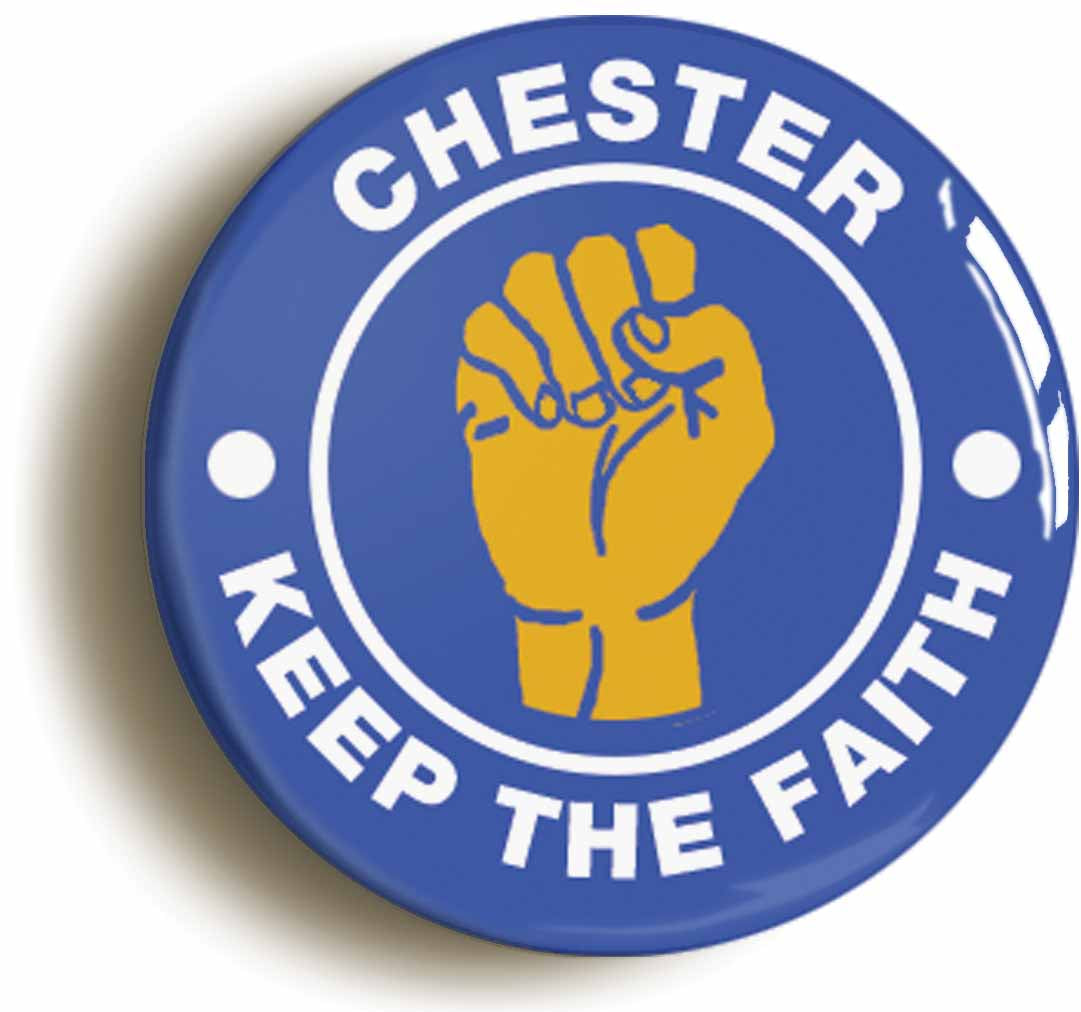 A picture of the front of the product, titled Chester Keep The Faith Northern Soul Button Pin Badge
