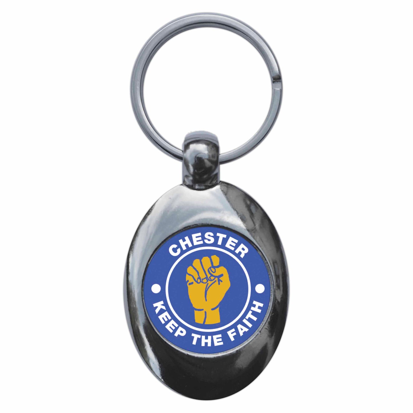 A picture of the front of the product, titled Chester Keep The Faith Northern Soul Metal Keyring With Trolley Coin