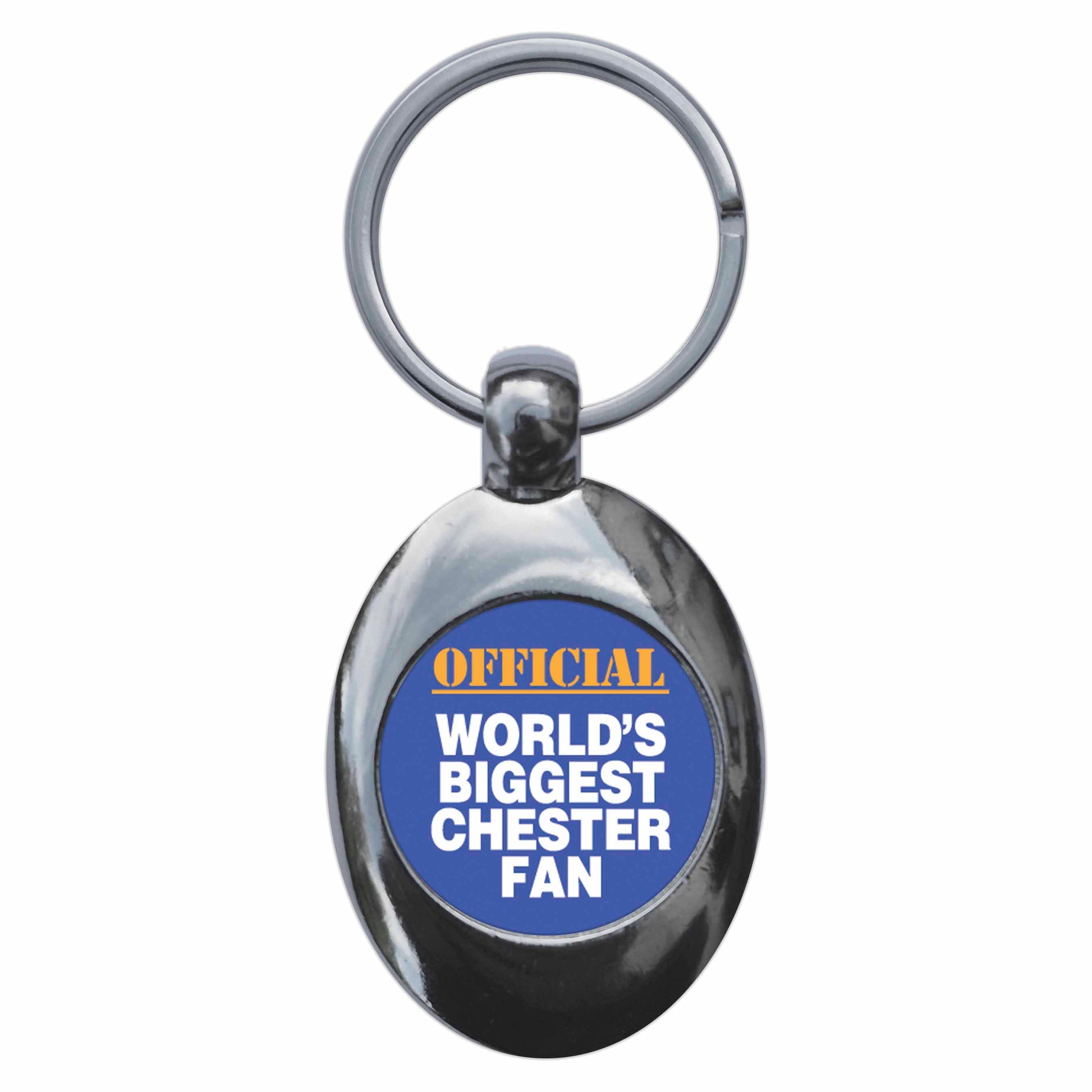 A picture of the front of the product, titled World's Biggest Chester Fan Metal Keyring With Trolley Coin