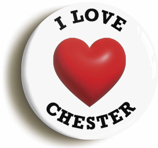 A picture of the front of the product, titled I Heart Love Chester Location Circular 50mm Fridge Magnet