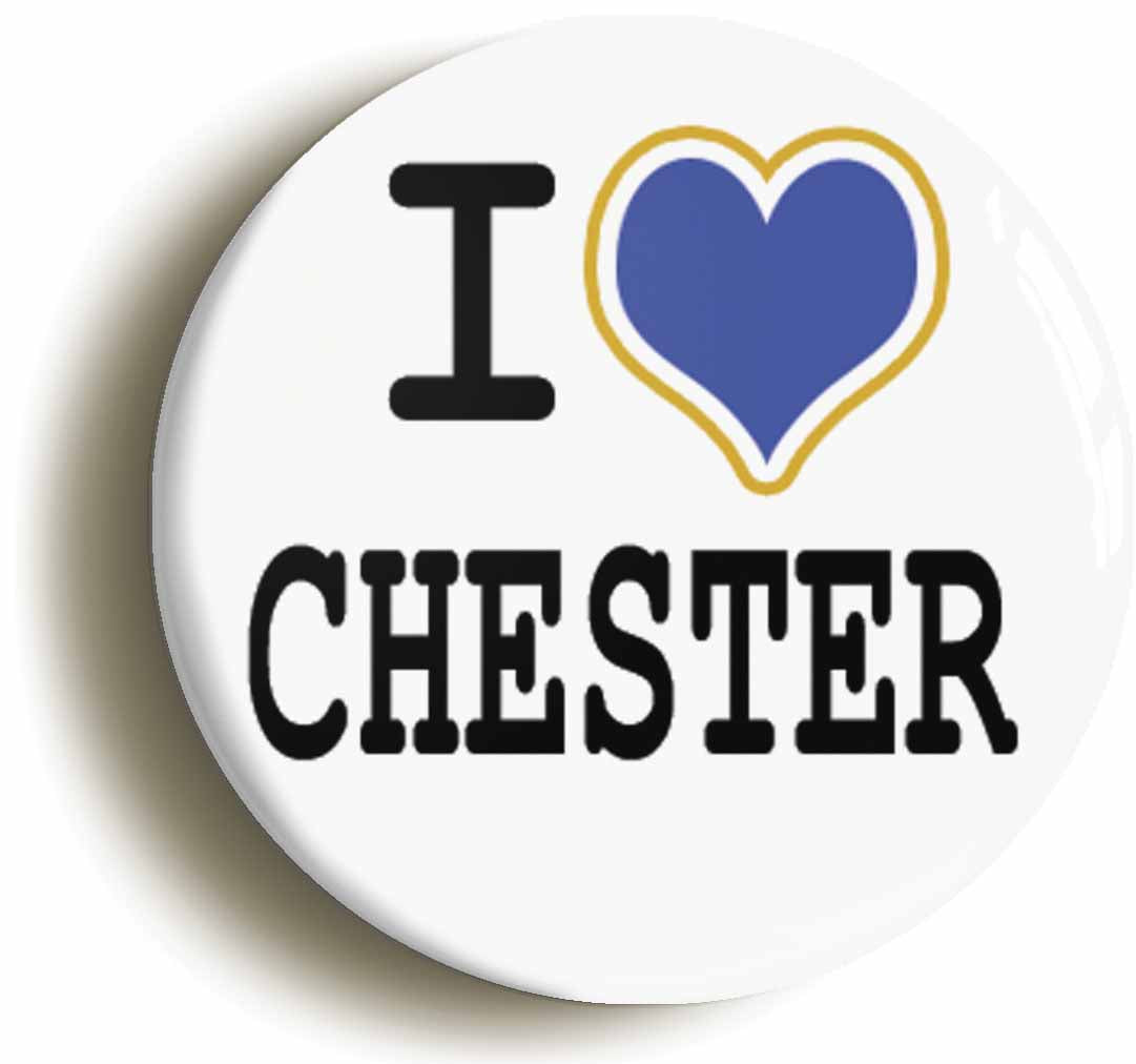 A picture of the front of the product, titled I Heart Love Chester Circular 50mm Fridge Magnet