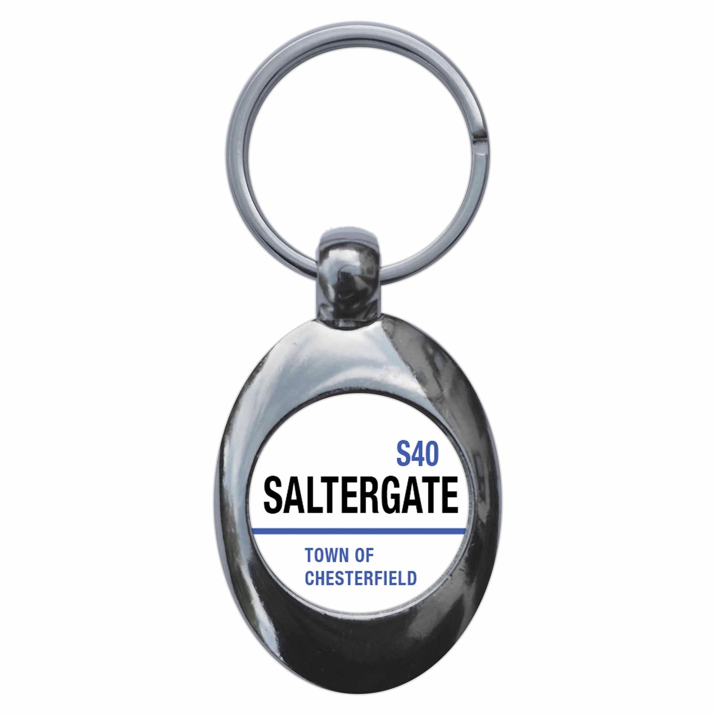 A picture of the front of the product, titled Saltergate S40 Chesterfield Road Sign Metal Keyring With Trolley Coin