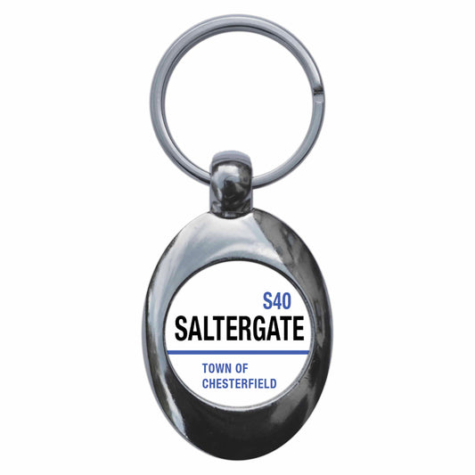 A picture of the front of the product, titled Saltergate S40 Chesterfield Road Sign Metal Keyring With Trolley Coin