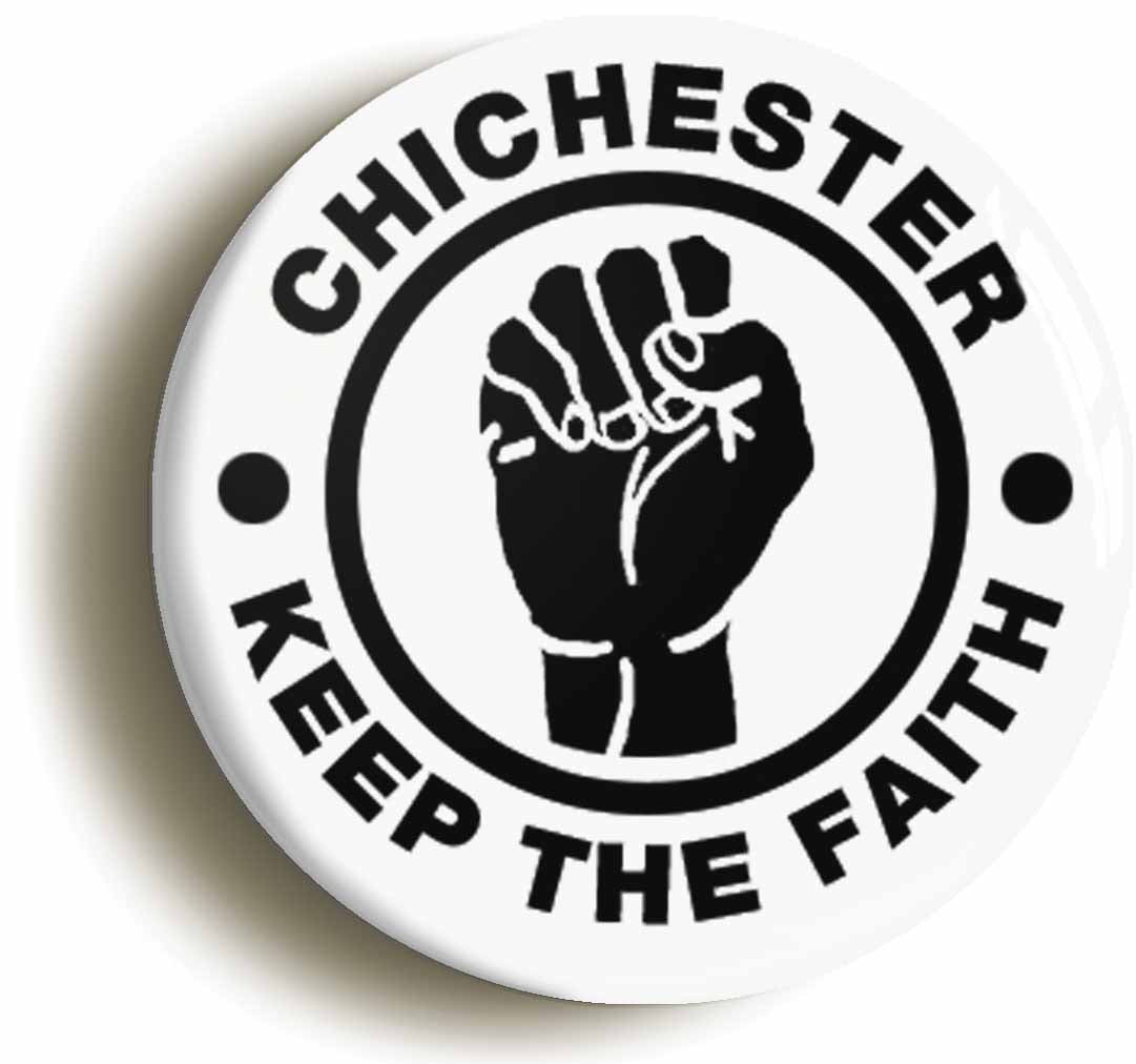A picture of the front of the product, titled Chichester Keep The Faith Circular 50mm Fridge Magnet