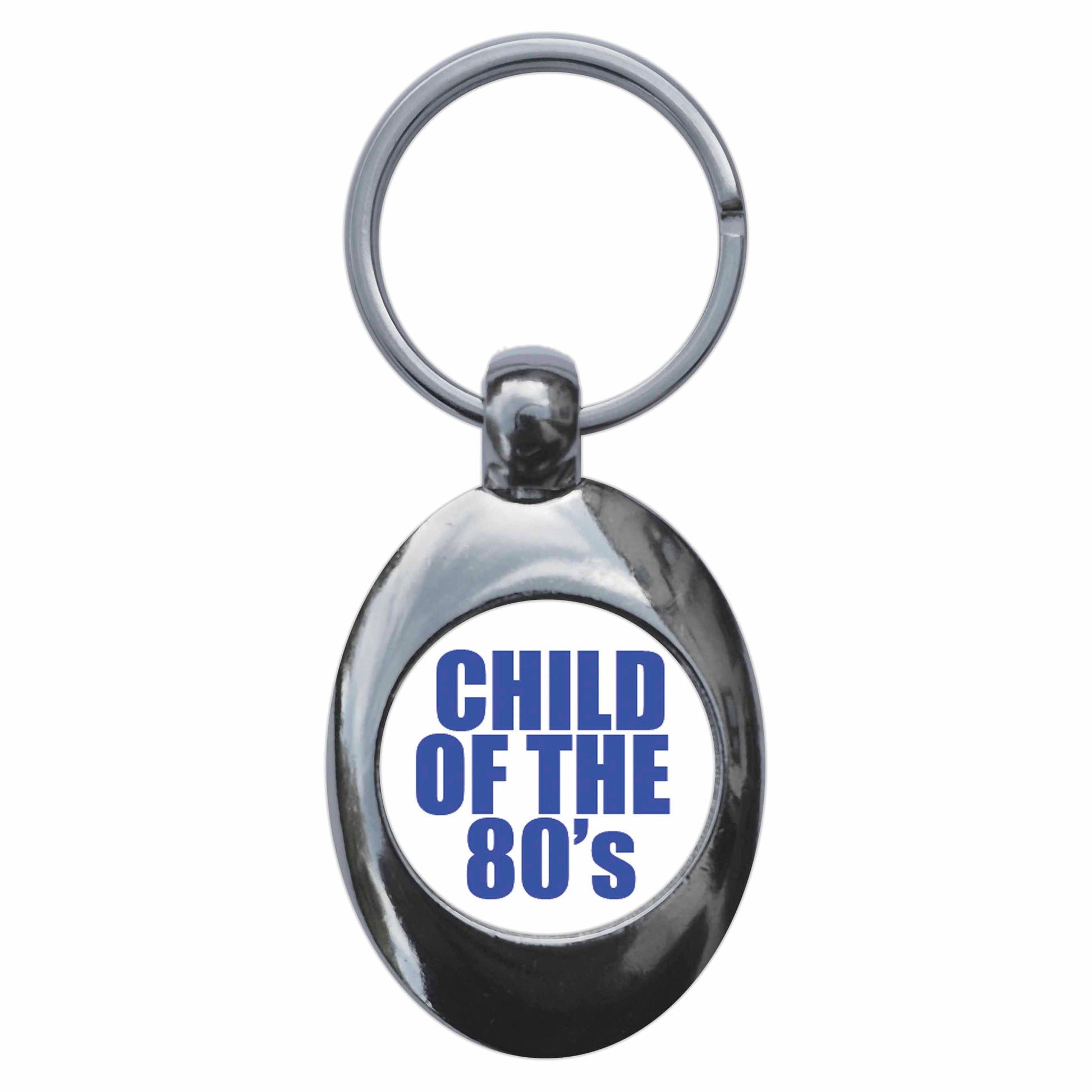 A picture of the front of the product, titled Child Of The 80s Metal Keyring With Trolley Coin
