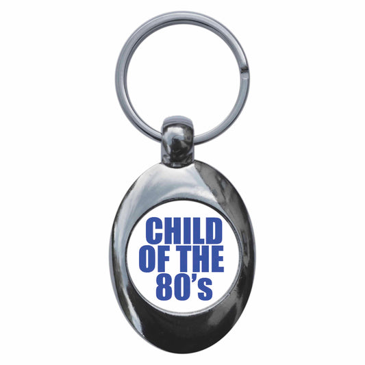 A picture of the front of the product, titled Child Of The 80s Metal Keyring With Trolley Coin