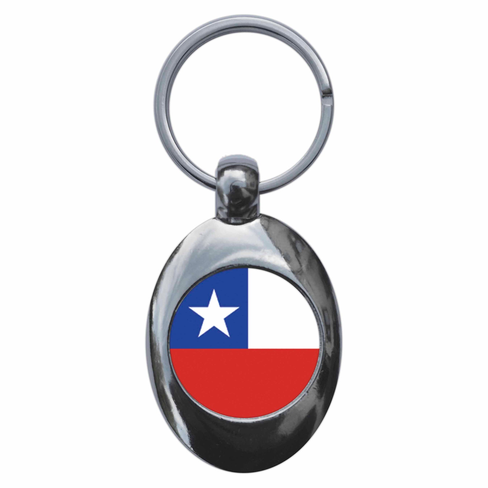 A picture of the front of the product, titled Chile Chilean National Flag Metal Keyring With Trolley Coin