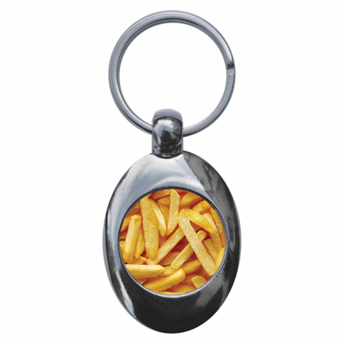 A picture of the front of the product, titled Chips Funny Metal Keyring With Trolley Coin