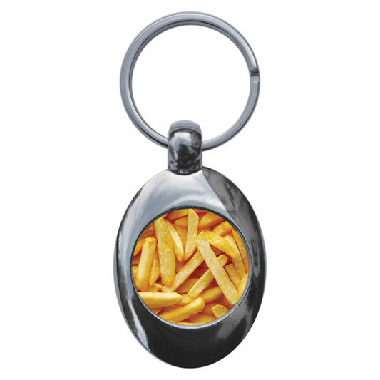 A picture of the front of the product, titled Chips Funny Metal Keyring With Trolley Coin