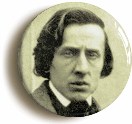 A picture of the front of the product, titled Frederic Chopin Romantic Classical Music Button Pin Badge
