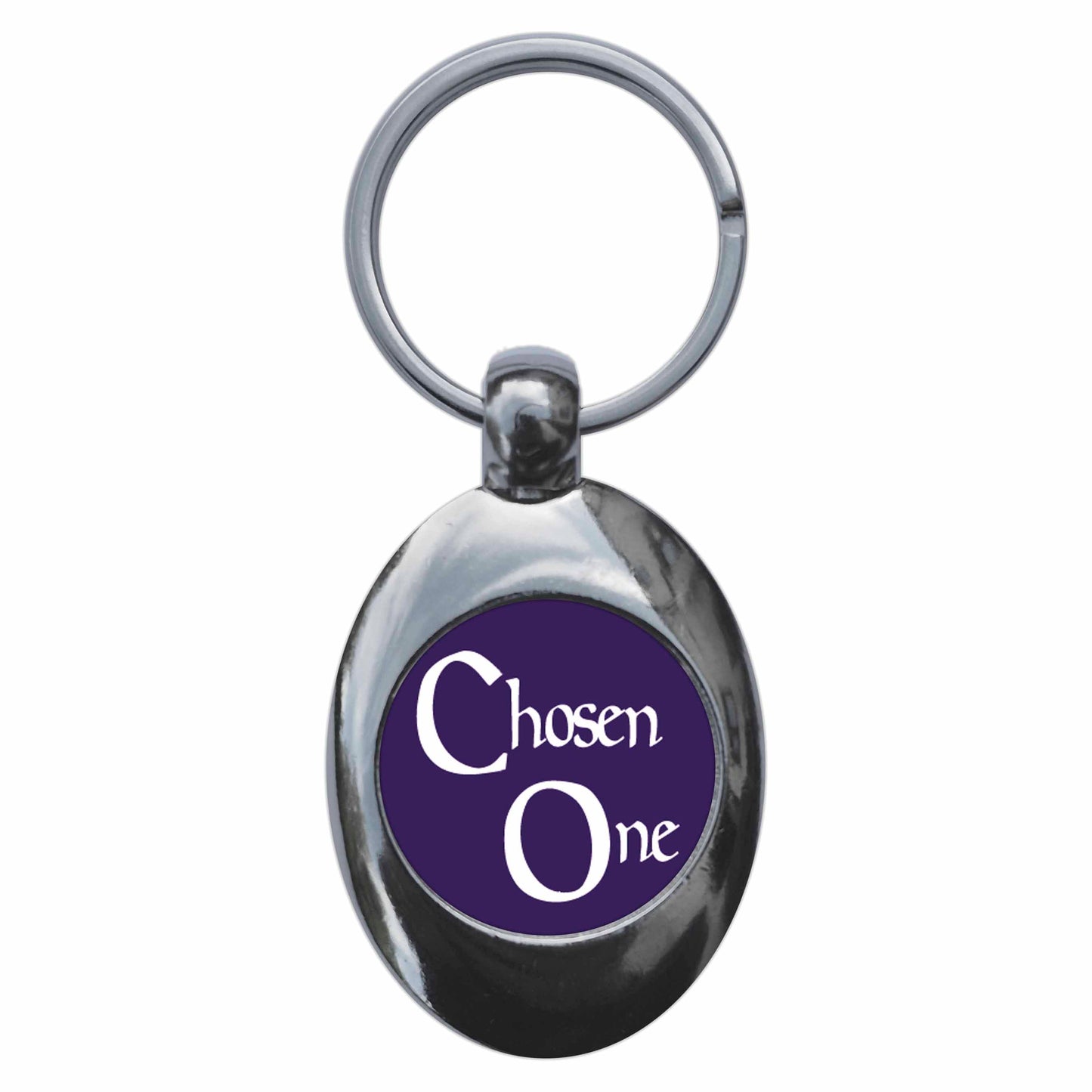 A picture of the front of the product, titled Chosen One Metal Keyring With Trolley Coin