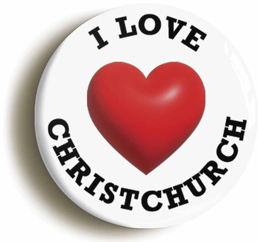 A picture of the front of the product, titled I Heart Love Christchurch Location Circular 50mm Fridge Magnet
