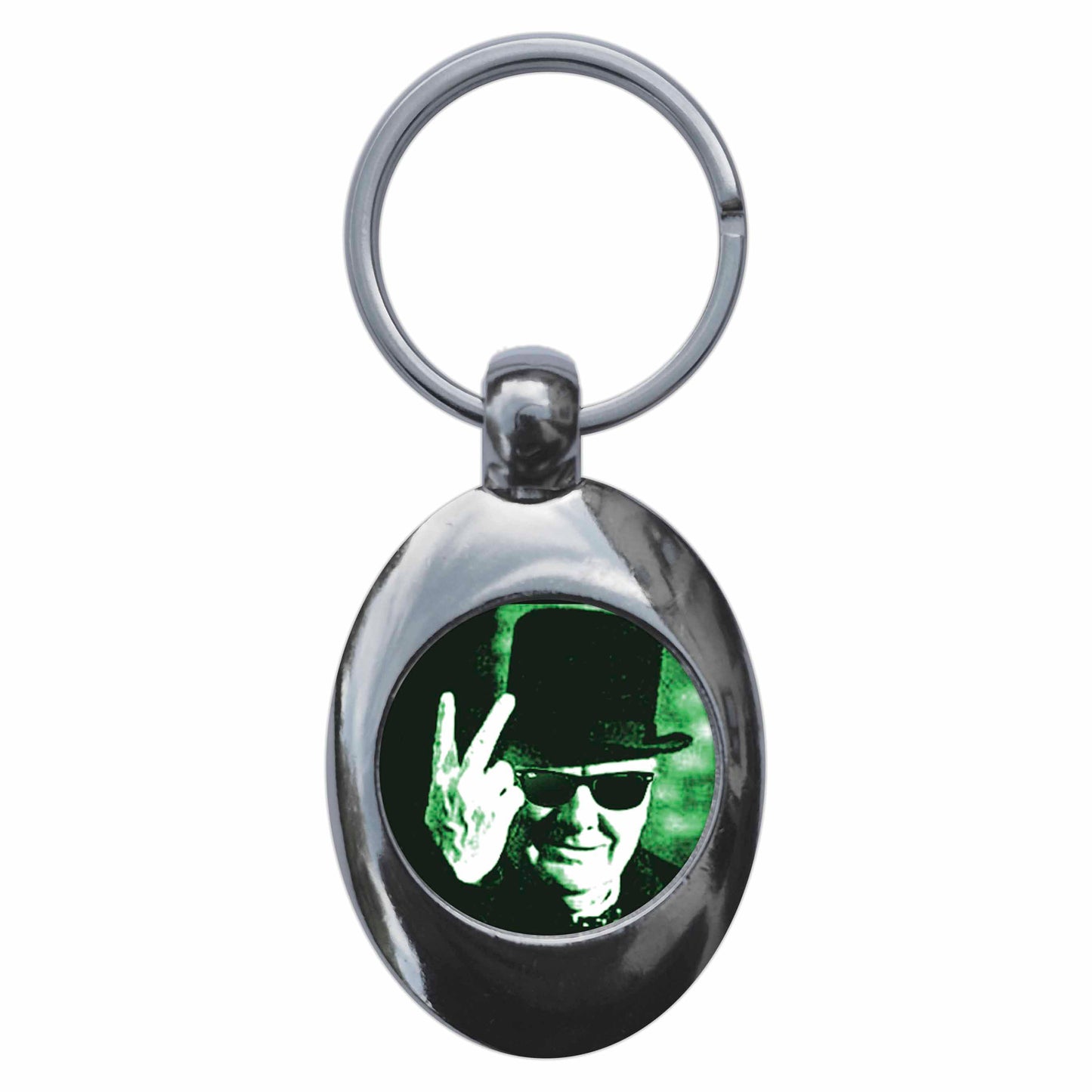 A picture of the front of the product, titled Punk Winston Churchill Metal Keyring With Trolley Coin