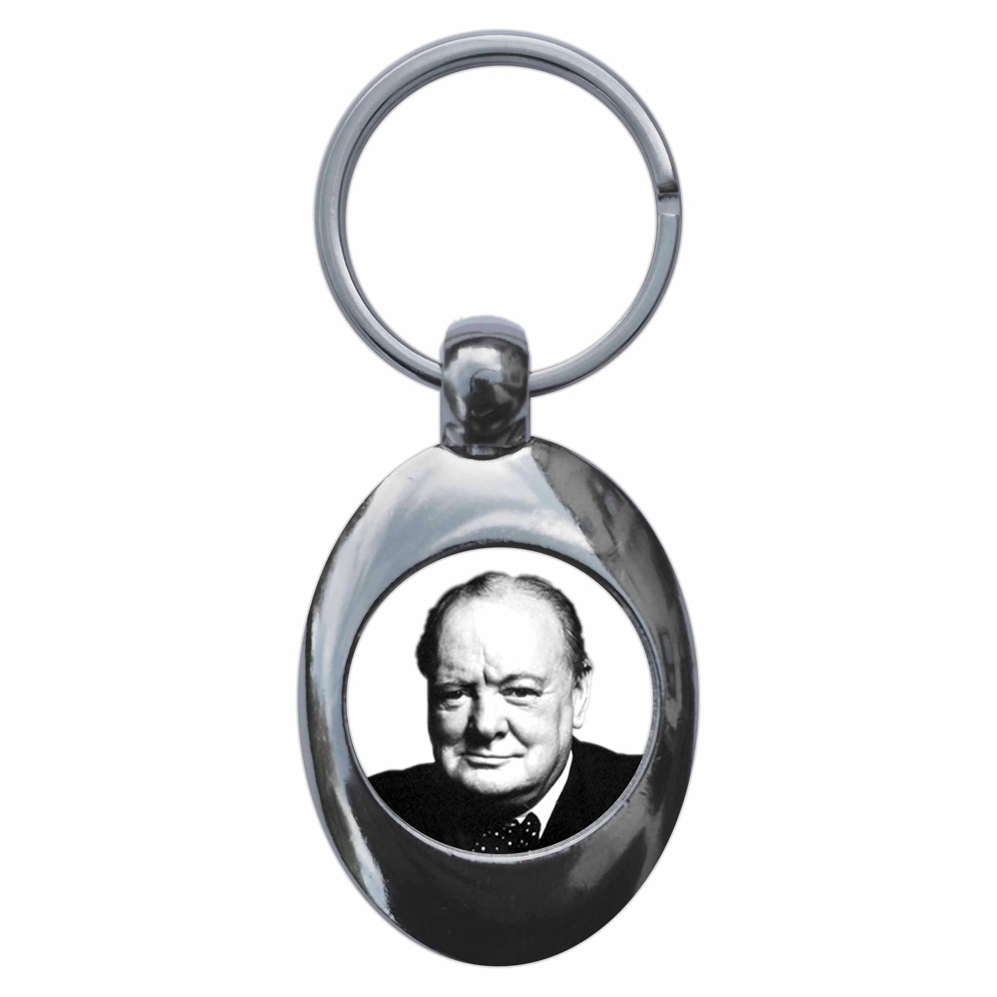A picture of the front of the product, titled Winston Churchill Metal Keyring With Trolley Coin